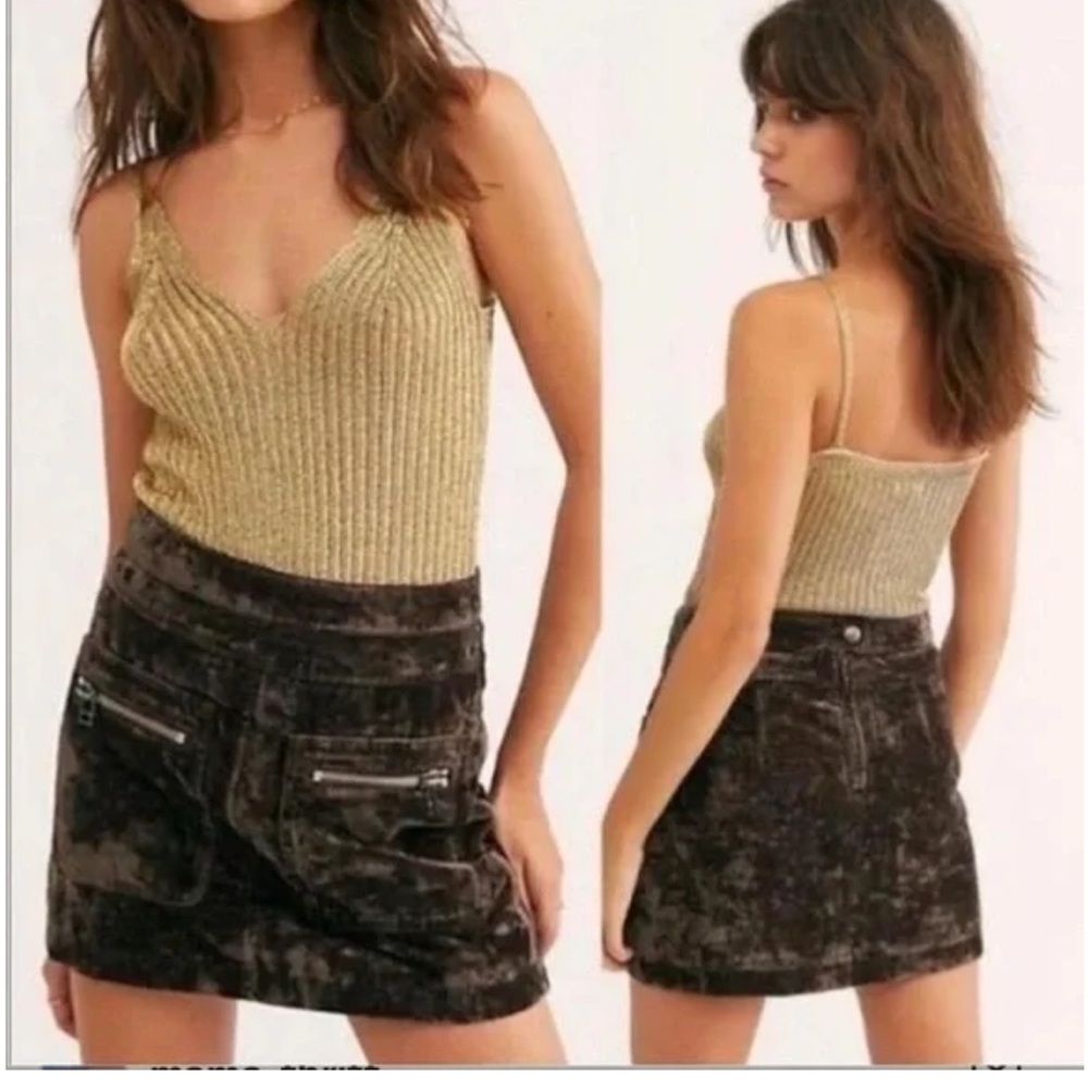Free People Dust to Dust Chocolate Brown Crushed Velvet Boho Chic Mini Skirt